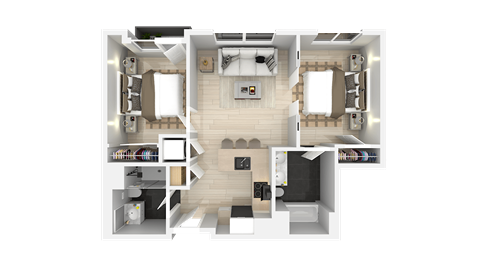 A top-down view of a house layout with a kitchen, living room, and two bedrooms.